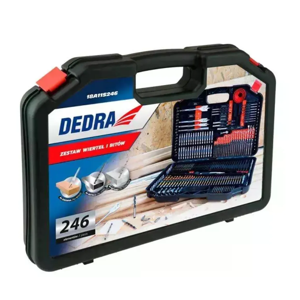 DEDRA 18A11S246 zestaw wierteł i bitów 246 szt. drewno metal beton, końcówki, otwornice