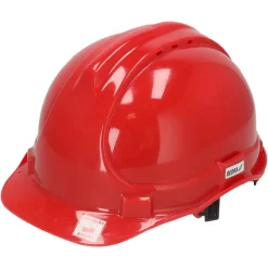 DEDRA BH1085 Kask ochronny czerwony budowlany, hełm BHP, 4-punktowy pasek podbródkowy