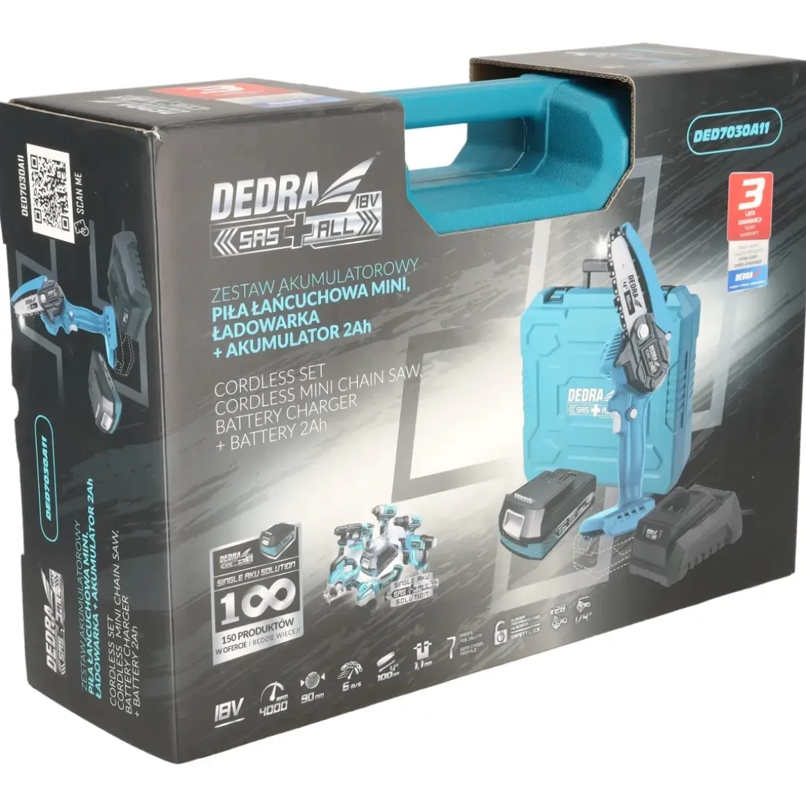 DEDRA DED7030A11 Zestaw DED6984 DED7032 DED7038 mini piła pilarka łańcuchowa 18V 4" walizka