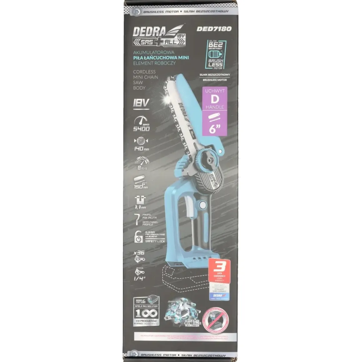 DEDRA DED7180 Mini piła łańcuchowa 6" 18V uchwyt D, pilarka akumulatorowa do gałęzi