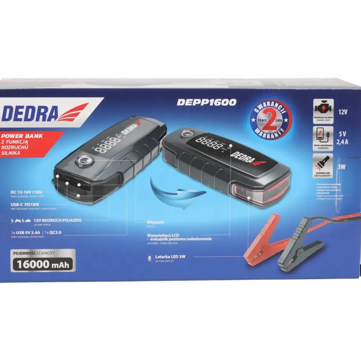 DEDRA DEPP1600 Powerbank rozruchowy 16000mAh LCD, booster starter 12V Jump Starter