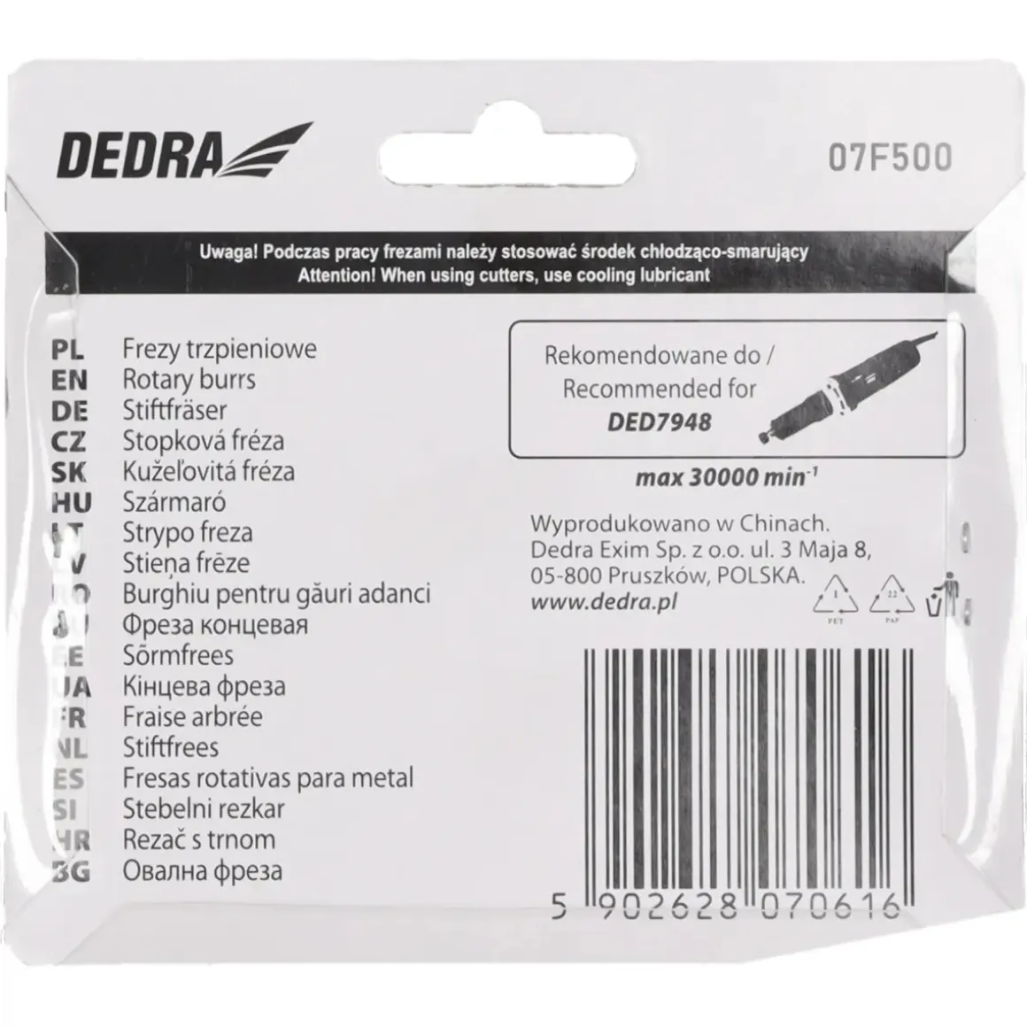 Dedra 07F500 Frezy trzpieniowe HSS do metalu aluminium gratowniki 6 szt. do szlifierki 6 mm