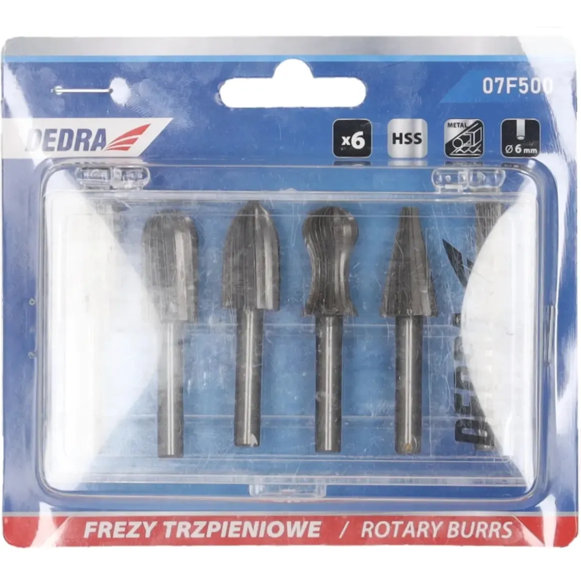Dedra 07F500 Frezy trzpieniowe HSS do metalu aluminium gratowniki 6 szt. do szlifierki 6 mm