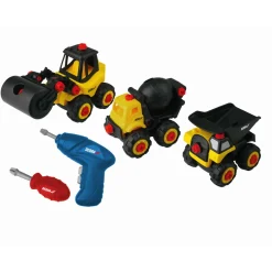 DEDRA M315.010 zestaw 3 pojazdy budowlane DIY walec betoniarka wywrotka z wkrętakiem