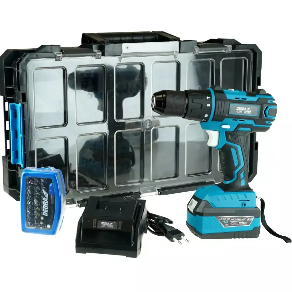 DEDRA SAS+ALL N0303G01 DED7042 Zestaw 18V: wkrętarka, aku 4Ah, ładowarka, bity, skrzynka