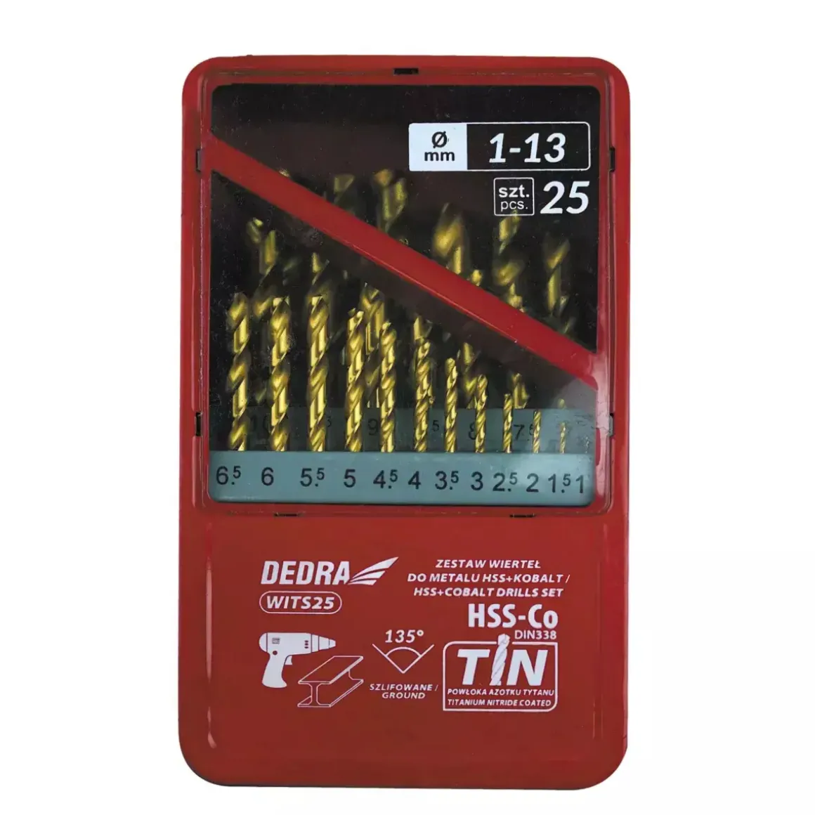 DEDRA WITS25 Zestaw wierteł kobaltowych do metalu HSS-Co TiN 135° 25 szt. DIN338