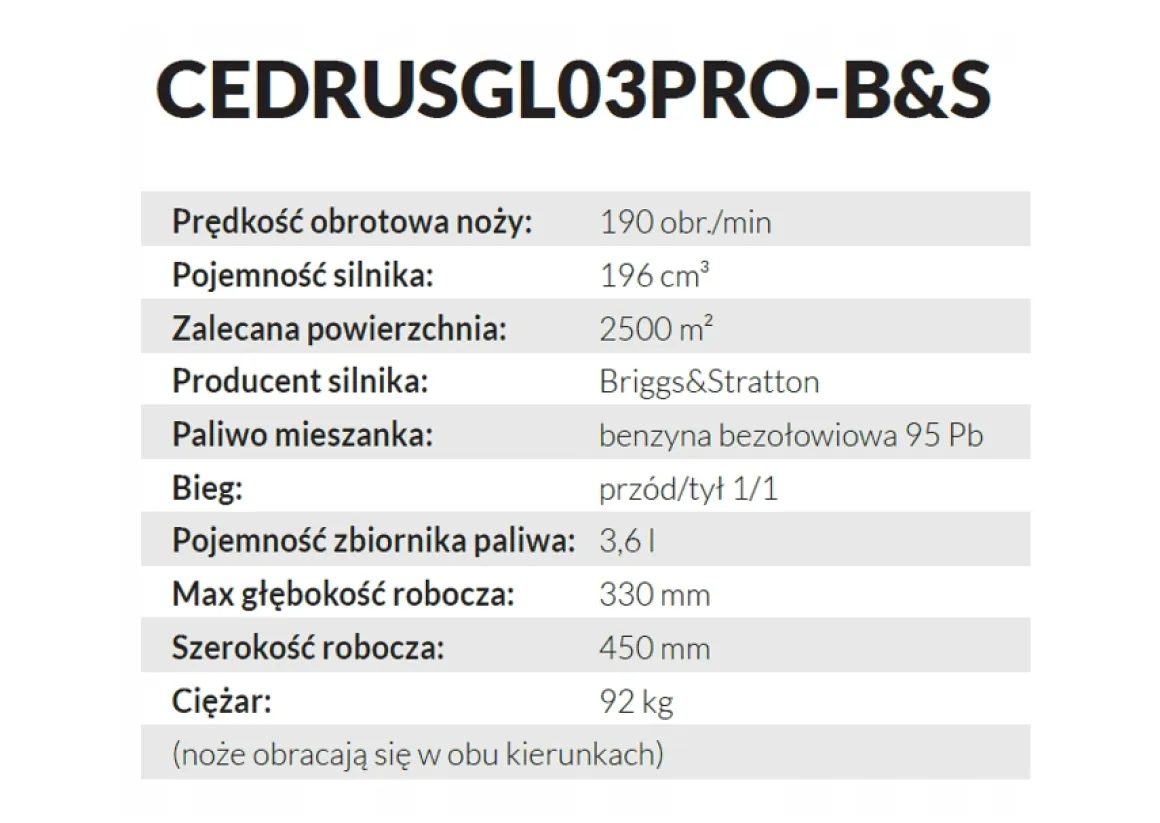 Glebogryzarka przeciwbieżna Cedrus GL03 PRO B&S 6,5KM Briggs