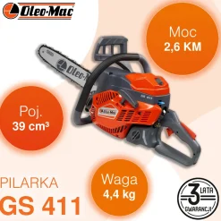 OLEO-MAC GS 411-325 PIŁA PILARKA PRZECINARKA SPALINOWA ŁANCUCHOWA DO DREWNA 2.9 KM KLASA PREMIUM 50179251E2 EWIMAX-OFICJALNY DYSTRYBUTOR - AUTORYZOWANY DEALER OLEO-MAC