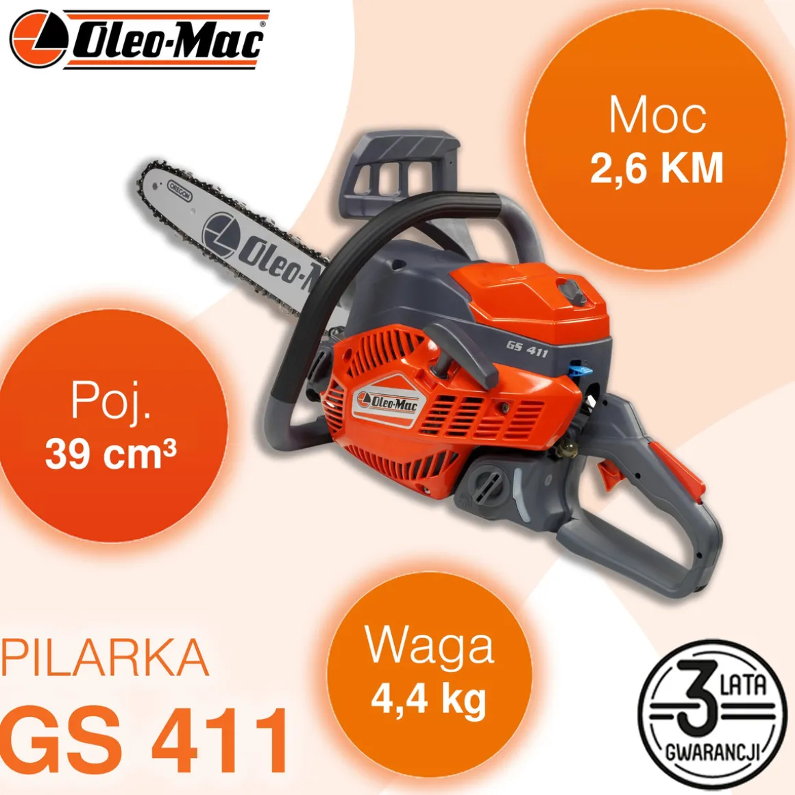 OLEO-MAC GS 411-325 PIŁA PILARKA PRZECINARKA SPALINOWA ŁANCUCHOWA DO DREWNA 2.9 KM KLASA PREMIUM 50179251E2 EWIMAX-OFICJALNY DYSTRYBUTOR - AUTORYZOWANY DEALER OLEO-MAC